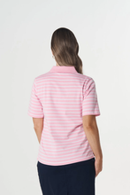 Load image into Gallery viewer, Goondiwindi Cotton - Zip Stripe Polo - White/ Fairytail colour back shot
