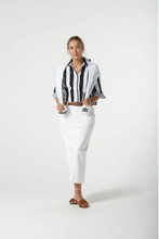 Load image into Gallery viewer, Goondiwindi Cotton - ¾ Sleeve Thick Stripe Shirt - Navy Stripe Trim colour front shot
