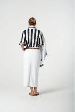 Load image into Gallery viewer, Goondiwindi Cotton - ¾ Sleeve Thick Stripe Shirt - Navy Stripe Trim colour back shot
