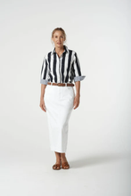 Load image into Gallery viewer, Goondiwindi Cotton - ¾ Sleeve Thick Stripe Shirt - Navy Stripe Trim colour front shot
