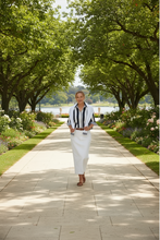 Load image into Gallery viewer, Goondiwindi Cotton - ¾ Sleeve Thick Stripe Shirt - Navy Stripe Trim colour front shot
