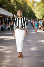 Load image into Gallery viewer, Goondiwindi Cotton - ¾ Sleeve Thick Stripe Shirt - Navy Stripe Trim colour front shot
