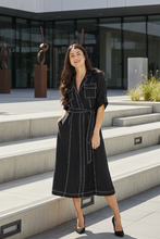 Load image into Gallery viewer, Jump - Contrast Stitch Tie Dress - Navy colour front shot
