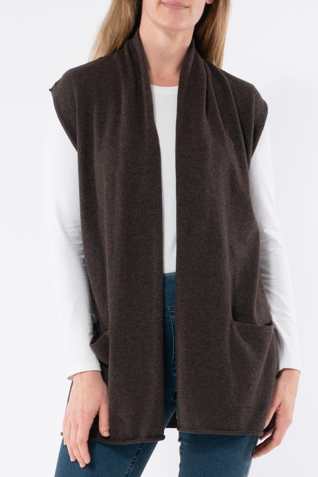 Jump - Long Line Shawl Vest - Cocoa short sleeve functional pockets