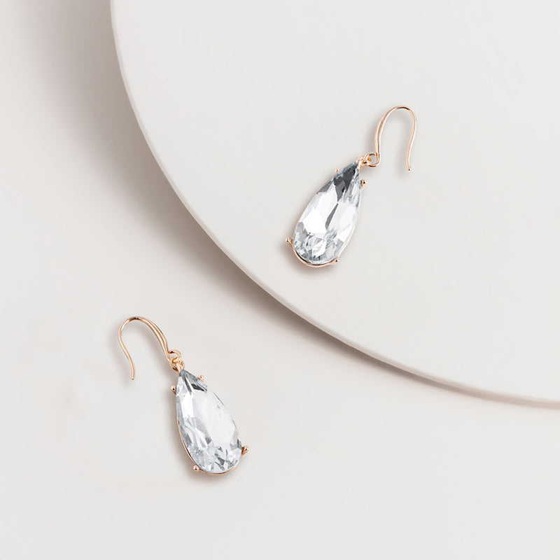 Glass Teardrop Hook Earrings - Clear SAE365