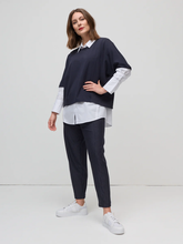 Load image into Gallery viewer, Marco Polo - Pinstripe Ponte Barrel Leg Pant - Navy colour side shot
