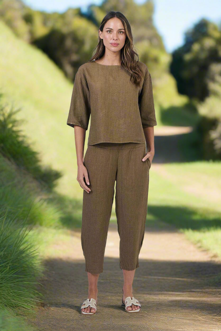 Naturals by O&J 3/4 Sleeves Linen Top Tobacco