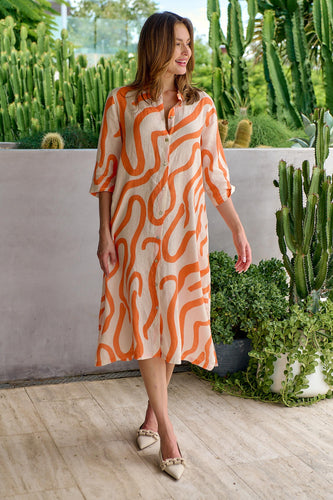 Naturals by O&J Linen Dress Tamarind Ribbon colour front shot