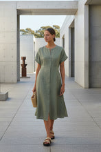 Load image into Gallery viewer, Naturals by O&amp;J Linen Midi Dress Artichoke colour front shot
