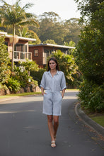 Load image into Gallery viewer, Naturals by O&amp;J Linen Shorts Blueberry Stripe colour front shot
