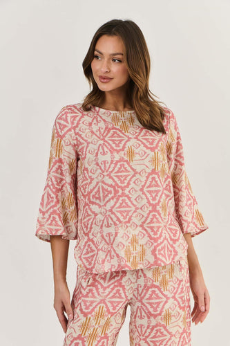 Naturals by O&J Mid Sleeve Linen Top Ikat colour front shot