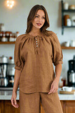 Load image into Gallery viewer, Naturals by O&amp;J Short Sleeve Button Neck Top Gingerbread colour front shot
