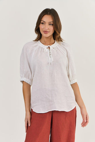 Naturals by O&J Short Sleeve Button Neck Top White colour front shot