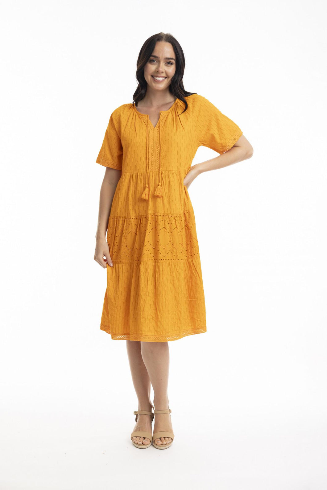 Orientique Essential Layered Broderie Dress Kumquat colour front shot