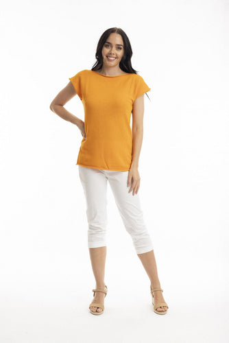 Orientique Essentials Boatneck Knit Top Kumquat front shot