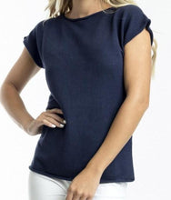 Load image into Gallery viewer, Orientique Essentials Boatneck Knit Top Navy front closed up shot
