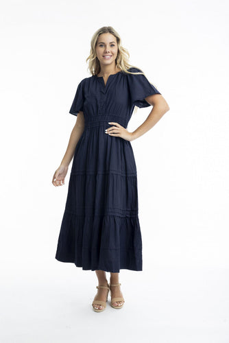 Orientique Essentials Poplin Maxi Dress with Ruched Waist Navy colour front shot