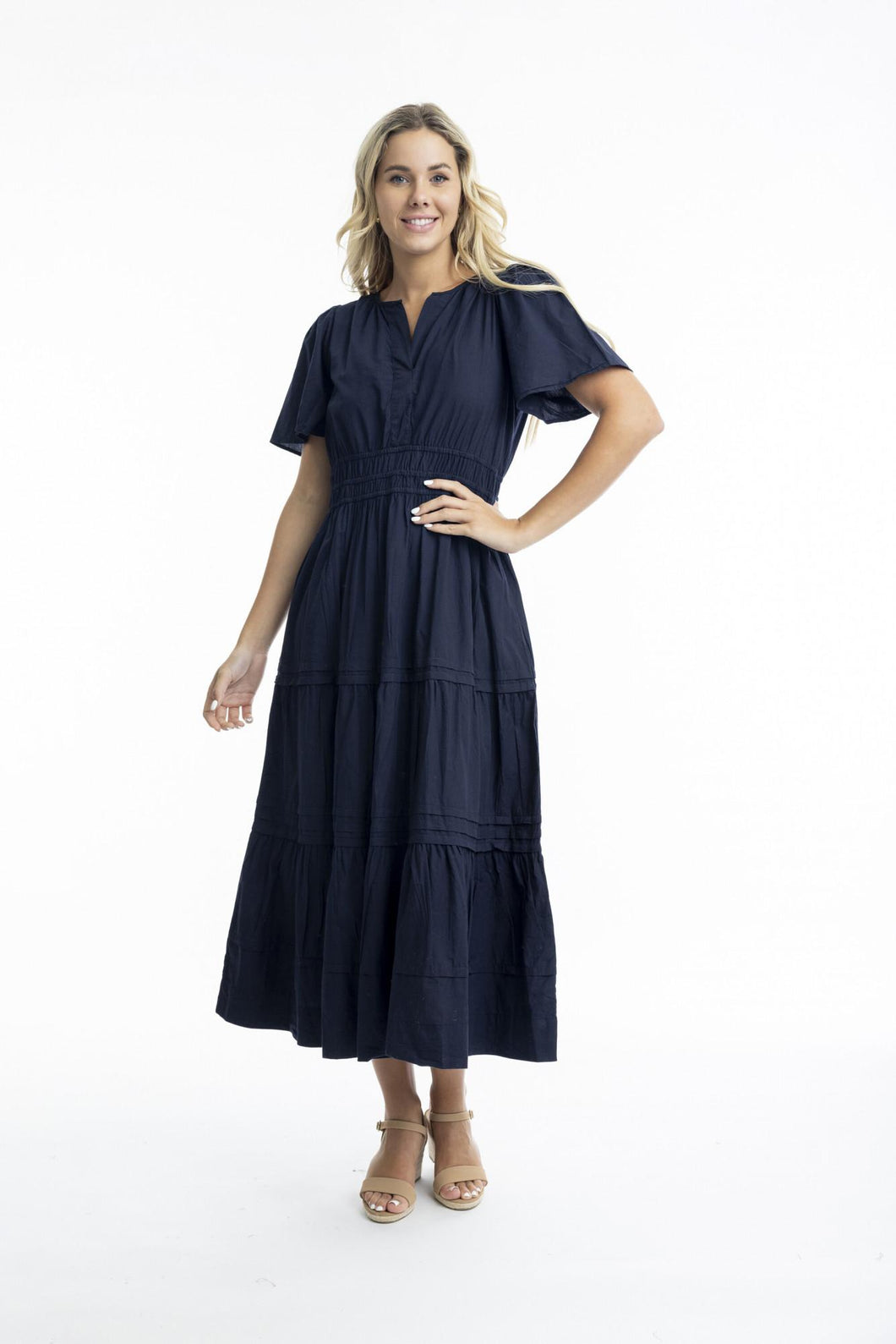 Orientique Essentials Poplin Maxi Dress with Ruched Waist Navy colour front shot
