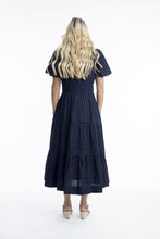 Load image into Gallery viewer, Orientique Essentials Poplin Maxi Dress with Ruched Waist Navy colour back shot
