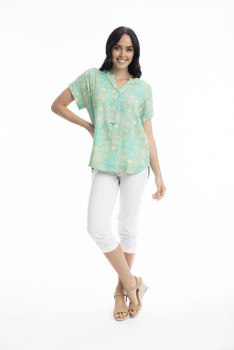 Orientique Hanalei Cuff Sleeve Top Printed colour front shot