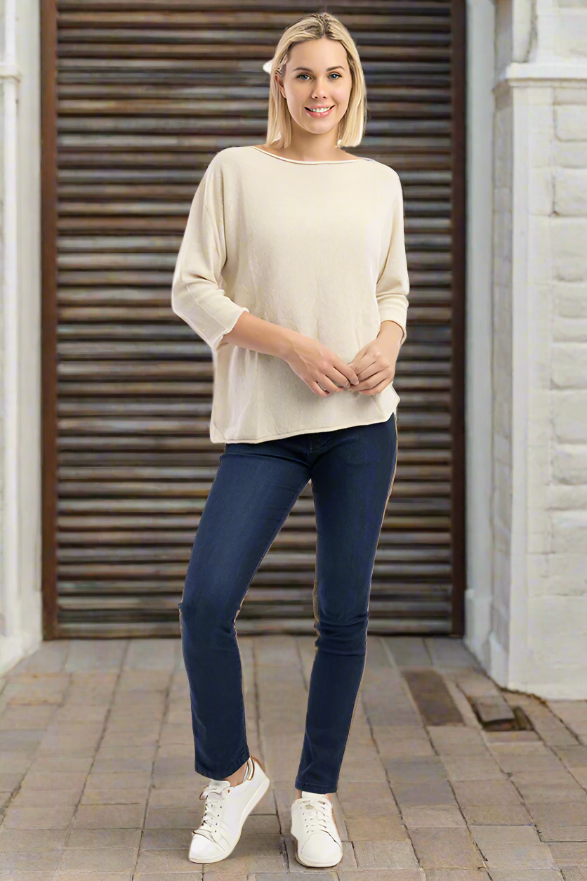 Orientique Knit Top Boat Neck 3/4 Sleeve Natural Melange colour front shot