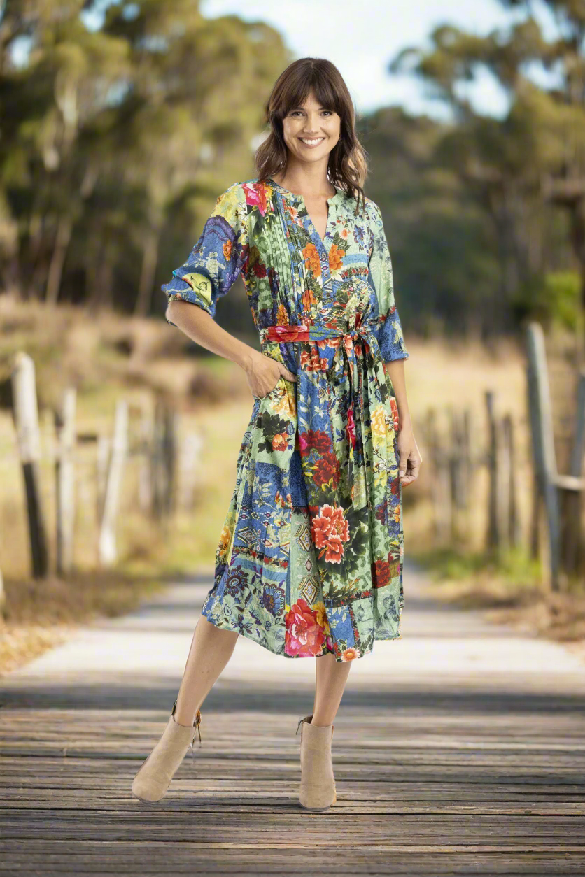 Orientique Medellin Pleated Dress With Belt Printed colour front shot