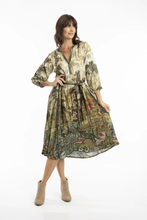 Load image into Gallery viewer, Orientique Petropolis Pleated Dress With Belt Printed colour front shot
