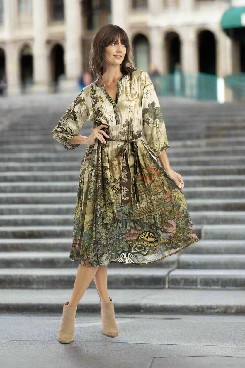 Orientique Petropolis Pleated Dress With Belt Printed colour front shot