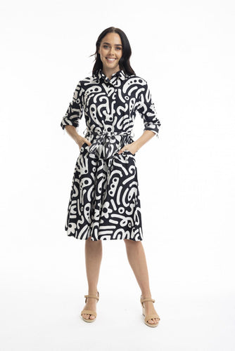 Orientique Poplin Print Dress Black colour front shot