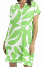 Load image into Gallery viewer, Orientique Print Linen Cap Sleeve Shirt Dress Parrot colour front closed up shot
