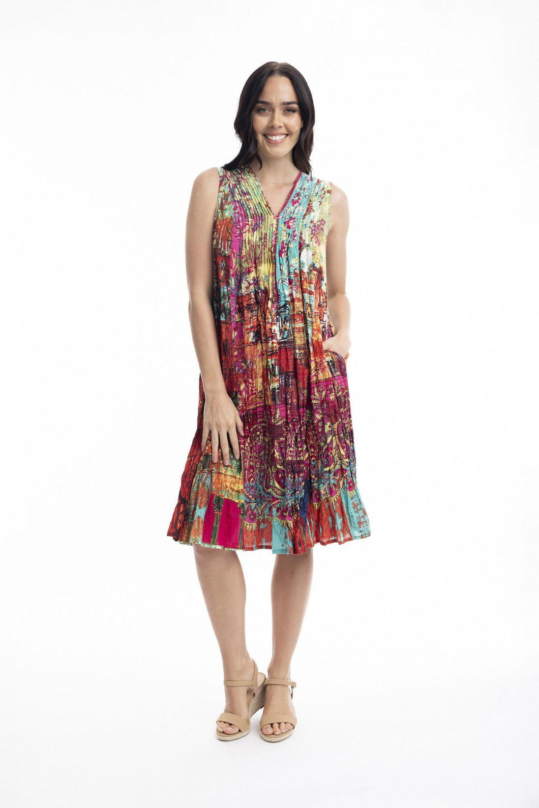 Orientique Printed Cotton Pleated V Neck Dress Jasalmer Orange colour front shot