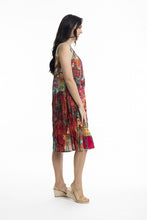 Load image into Gallery viewer, Orientique Printed Cotton Pleated V Neck Dress Jasalmer Orange colour side shot
