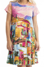 Load image into Gallery viewer, Orientique Printed Cotton Short Sleee Crew Neck Dress Havana colour front closed up shot
