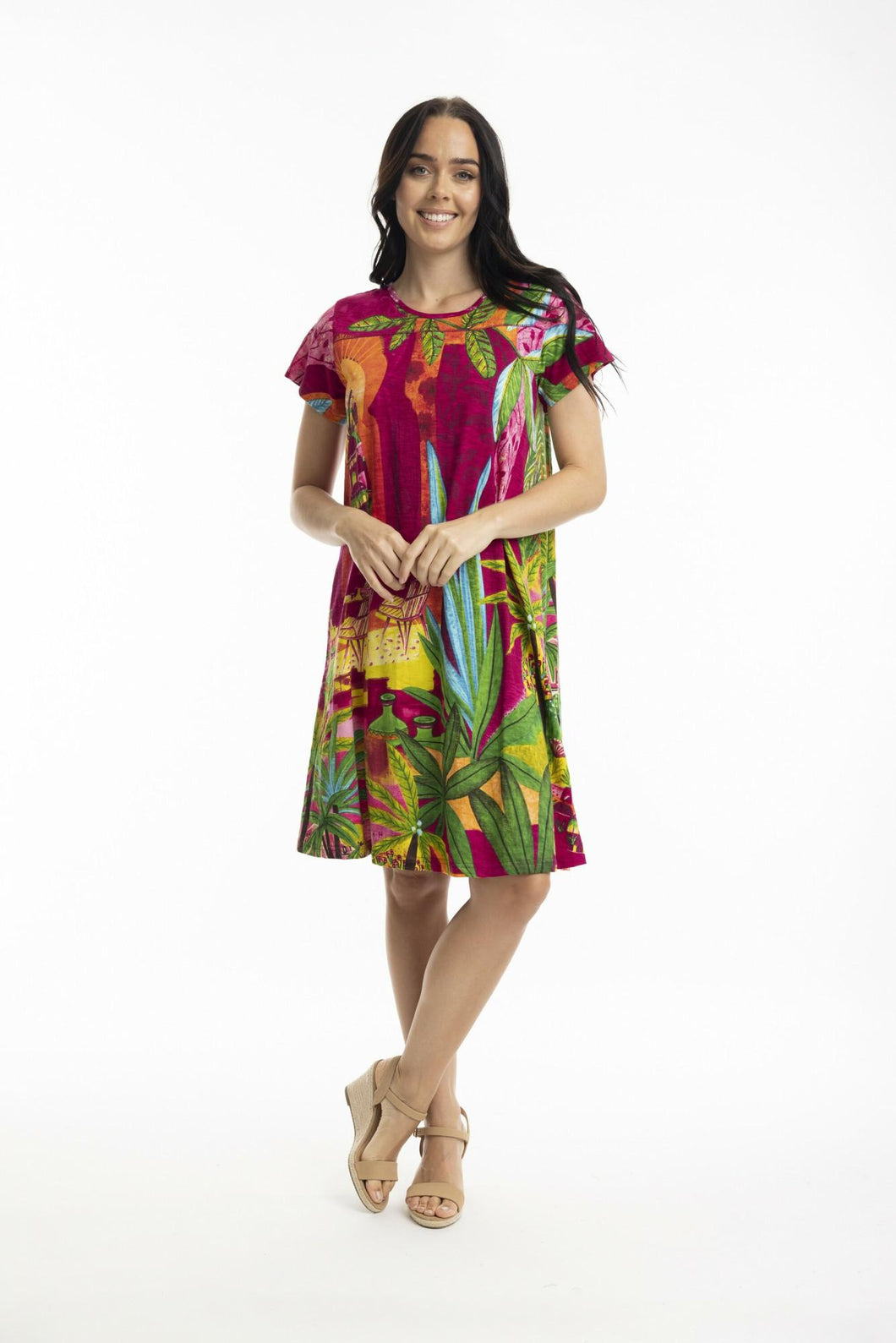 Orientique Printed Cotton Short Sleeve Crew Neck Dress Marakesh colour front shot