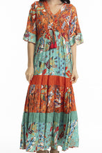 Load image into Gallery viewer, Orientique Serengetti V Neckline Dress Red colour front closed up shot
