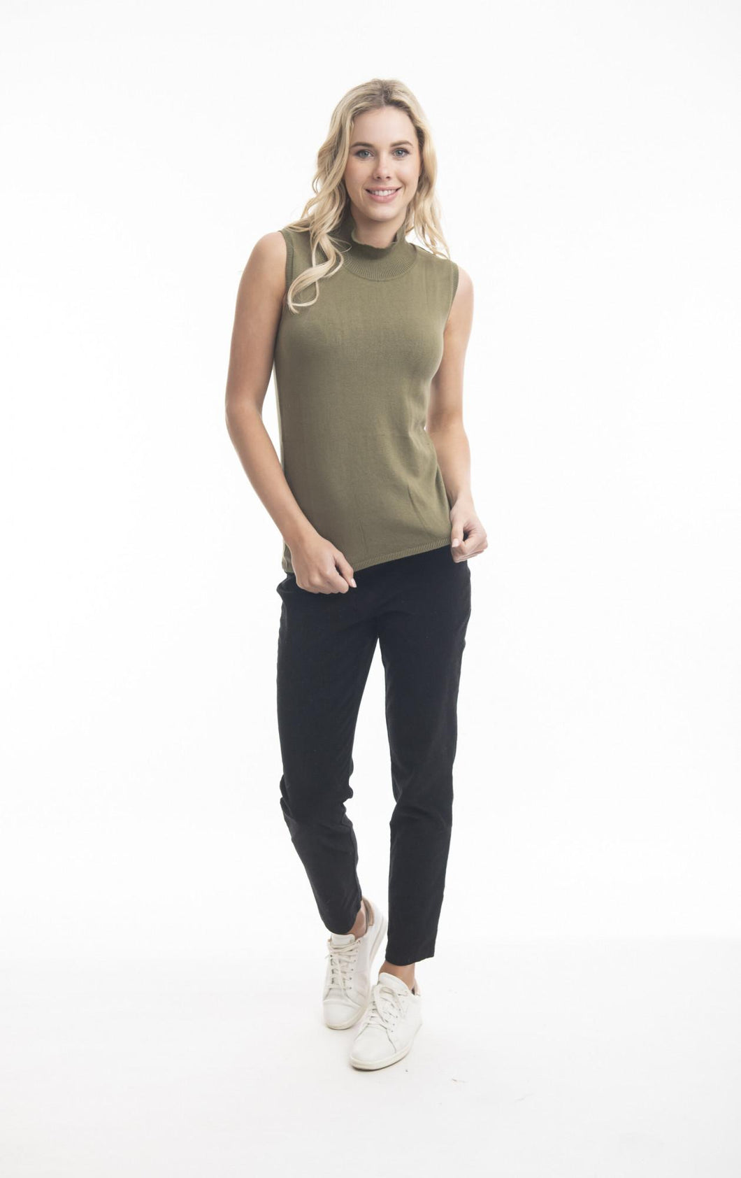 Orientique Sleeveless Knit Olive Front View