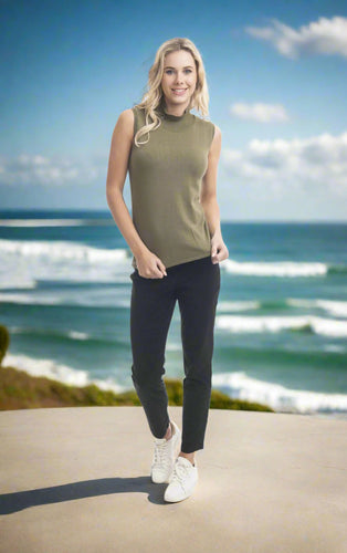 Orientique Sleeveless Knit Olive Front View