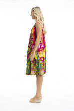 Load image into Gallery viewer, Orientique Printed Cotton Pleated V Neck Dress Marakesh colour side shot
