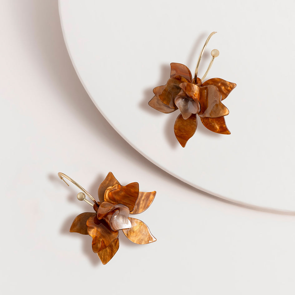 Large Acetate Flower Charm Hoops - Brown SAE434