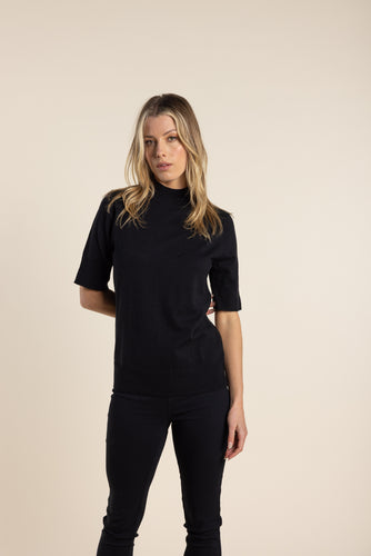 Two-T's Mock Neck Short Sleeve Knit Black Color Front View