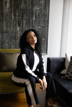 Load image into Gallery viewer, Two-T's - Dropped Shoulder Jacket - Black With Oat Ivory Stripe colour sitting shot
