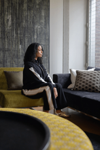 Load image into Gallery viewer, Two-T's - Dropped Shoulder Jacket - Black With Oat Ivory Stripe colour side sitting shot
