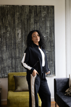 Load image into Gallery viewer, Two-T's - Dropped Shoulder Jacket - Black With Oat Ivory Stripe colour side shot
