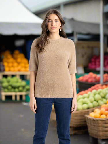 Two-T's - Fluffy Short Sleeve Crew Knit - Oat colour front shot