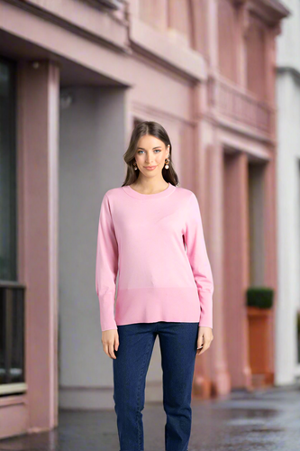 Two-T's - Merino Cotton Crew Neck Knit - Full Pink colour front shot