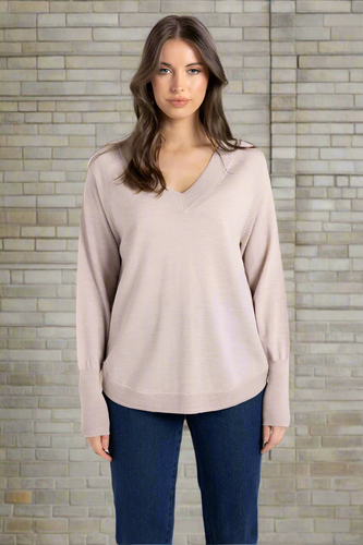 Two-T's - Merino V Neck Crew Knit With Scoop Hem - Latte colour front shot