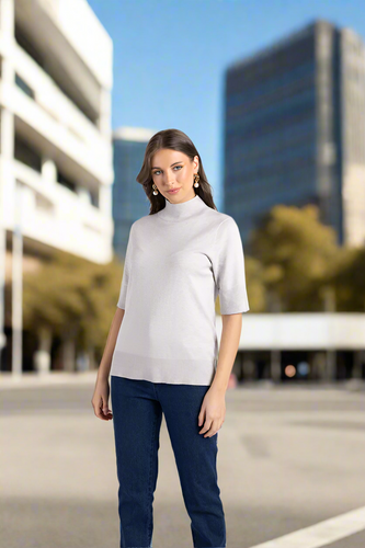 Two-T's - Short Sleeve Knit With Mock Turtle - White colour front shot