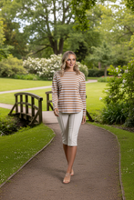 Load image into Gallery viewer, Two-T's - Stripe Boat Neck 7/8 Sleeve - Sand/ White colour front shot
