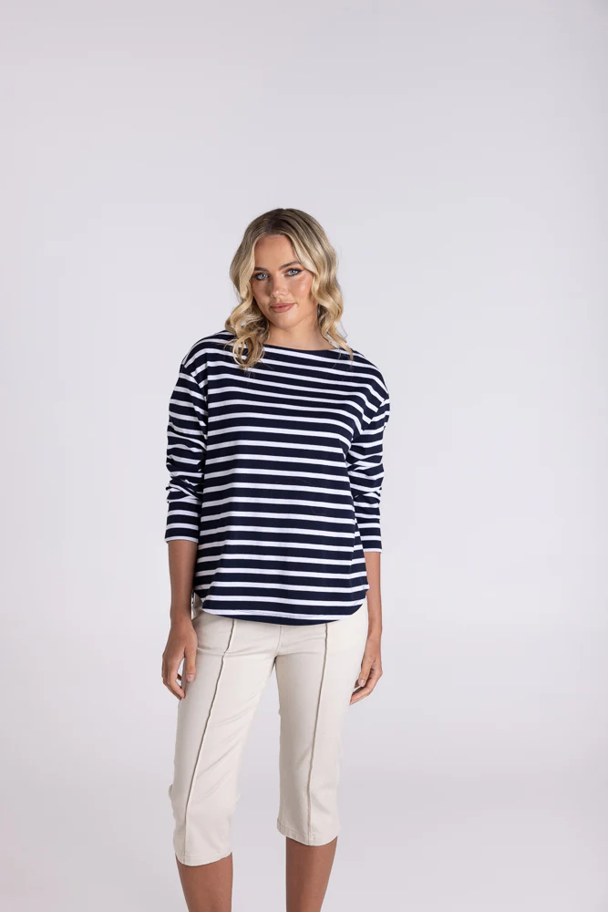 Two-T's - Stripe Boat Neck 7/8 Sleeve - Navy/ White colour front shot