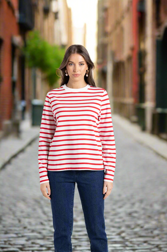Two-T's - Striped Top - Scarlet/ White colour front shot